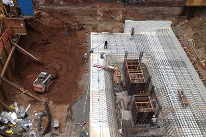 A construction site with workers and equipment on the ground.